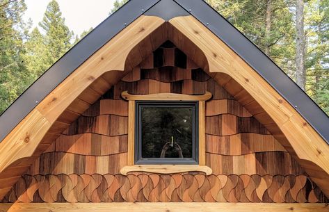 The gable peak of my Gothic arch Cabin near Yellowstone. Cedar shingles and decorative barge board turned out pretty good I thought Decorative Shingles, Arched Cabins, Island Park Idaho, Crafts Organization, Cedar Shingle, Cabin Plans With Loft, Arched Cabin, Gothic Arch, Cozy Cottages