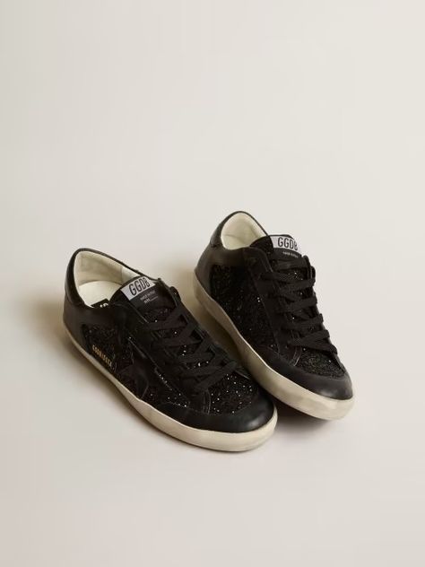 Golden Goose Black Glitter, Black Golden Goose, Golden Goose Black, Golden Family, White Leather Sneakers, Super Star, Under Maintenance, Iconic Women, Black Glitter