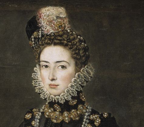 ca. 1585 Infanta Catalina Micaela by Alonso Sánchez Coello (Museo Nacional del Prado - Madrid Spain) hat, coiffure, ruff, and cacanet Tiny Watercolor, Lovers Eyes, Spanish Fashion, Miniature Portraits, Historical Jewellery, Eye Earrings, Historical Costume, Portrait Gallery, Old World Charm