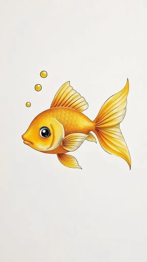 Check Out This Cute Goldfish Drawing & 12+ Other Fish Drawing Ideas! #drawingideas #drawinginspiration Fish Drawings Cute, Simple Fish Art, Two Fish Drawing, Goldfish Drawing Easy, Cute Fish Drawing Easy, Cute Goldfish Drawing, Goldfish Sketch, Gold Fish Drawing, Underwater Sleeve