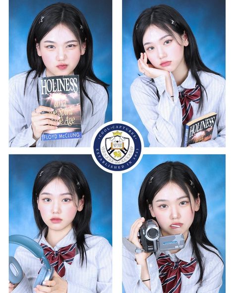 Korean Yearbook Photoshoot, Y2k Yearbook Photoshoot, Nerd Pose Reference, Yearbook Photo Aesthetic, Korean Yearbook, Yearbook Photoshoot Ideas High Schools, Highschool Photoshoot, Yearbook Poses, Yearbook Pose