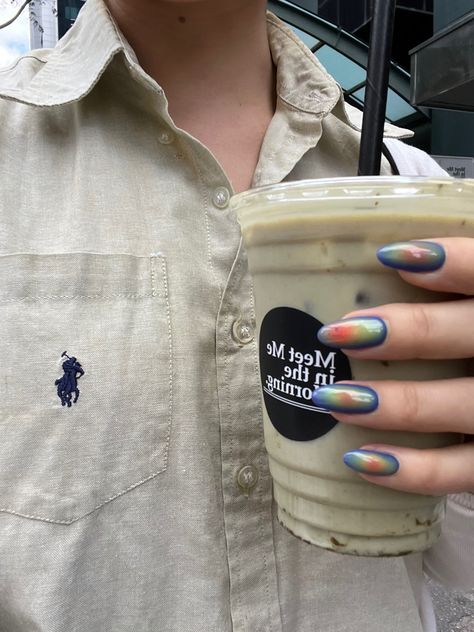 Matcha latte, Ralph Lauren shirt, heatmap nails Heatmap Nails, Heat Signature Nails, Infrared Nails, Heat Map Nails, Heat Nails, Map Nails, Thermal Nails, Heat Map, Soft Glam Makeup