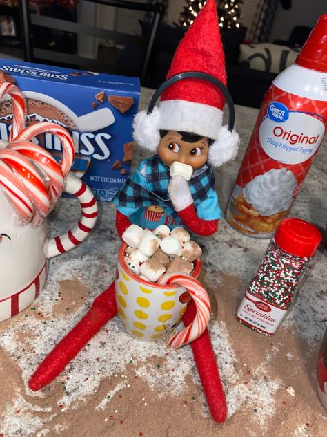 Elf Hot Cocoa Ideas, Elf On The Shelf Hot Cocoa Bar, Elf On The Shelf Hot Cocoa Ideas, Hot Cocoa Elf On The Shelf, Hot Cocoa Ideas, Elf On Shelf, Elf Fun, Hot Cocoa Bar, Cocoa Bar