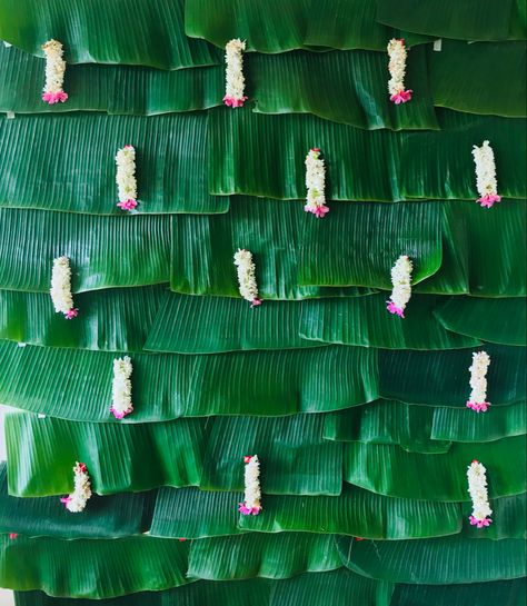 Banana Leaves Decoration, Banana Leaf Decor Wedding, Shadi Decor, Flower Wall Decor Diy, Banana Leaf Decor, Banyan Leaf, Leaf Decor Wedding, Ganpati Decor, Haldi Decoration