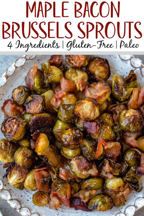 These maple bacon Brussels sprouts are an easy, healthy side dish that works for both the holidays or just a delicious way to prep a vegetable side for a weeknight dinner! There are only 4 simple ingredients and one dish needed, which makes them a quick paleo, gluten-free and dairy-free vegetable recipe option that the whole family will love. The crispy bacon and maple flavors will have everyone eating their Brussels sprouts! #vegetablesides #holidayrecipes #paleovegetables #brusselssprouts #... Roasted Brussel Sprouts With Bacon, Oven Roasted Brussels Sprouts, Quick Paleo, Roasted Brussels Sprouts With Bacon, Brussel Sprouts With Bacon, Cooking Brussel Sprouts, Balsamic Vinaigrette Recipe, Brussels Sprouts With Bacon, Vegetable Recipe