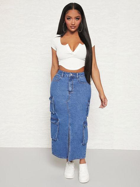 Long Jean Skirts Outfit, Long Skirt Jeans Outfit, Long Cargo Skirt Outfit, Long Jeans Skirt Outfit, Jean Skirt Long, Long Jean Skirt Outfits, Long Cargo Skirt, Bold Fashion Outfits, Cargo Styling