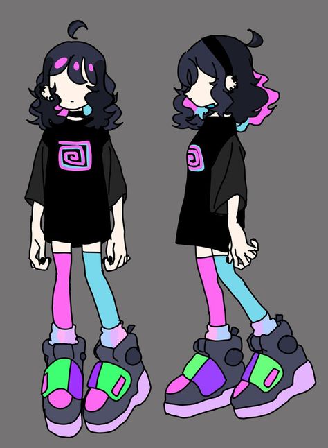 this is what i drew cute right? Well i decided to put neon and dark colors in this Oc but i really love it! 3d Karakter, Girl Oc, Neon Girl, Draw Your Oc, Rainbow Cartoon, Neon Outfits, Cartoon Outfits, 2d Art, Female Character Design