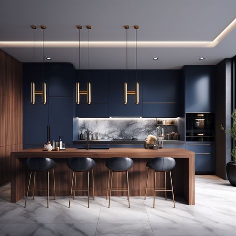 Blue Kitchen Interior, Apartment Girly, Dark Blue Kitchens, Women Cave, Blue Kitchen Designs, Baddie Room, Navy Blue Kitchen, Blue Kitchen Cabinets, Interior Vintage