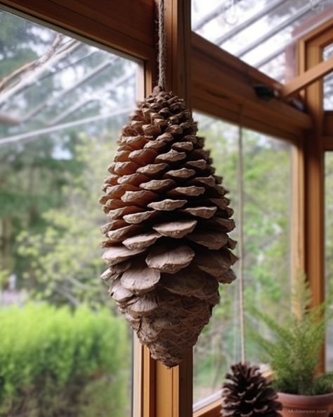 Pinecone Outdoor Decor, Pine Cone Garden Ideas, Pine Cone Wind Chime, Ideas For Pine Cones, Big Pinecone Crafts, Pine Cone Uses, Giant Pine Cone Crafts, Large Pinecones Ideas, Pine Cone Ideas