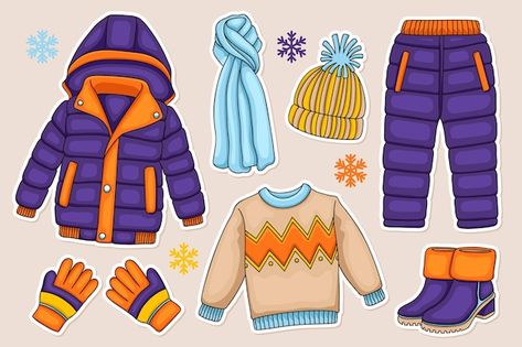 Winter Clothes Illustration, Winter Clothes Worksheets For Kids, Winter Season Drawing For Kids, Winter Clothes Drawing, Winter Season Outfits, Winter Season Clothes, Winter Season Images, Winter Clothes Kids, Winter Clothes For Kids