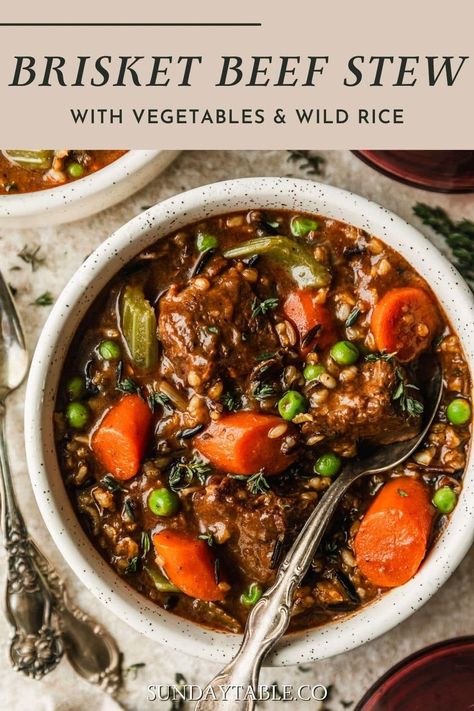 I could eat this brisket beef stew every day. With wild rice, vegetables, and red wine, it's rich, cozy, & flavorful! Simmer it on the stovetop, braise the stew in a Dutch oven, or make in a slow cooker. This recipe is easy & the brisket comes out tender every time. The perfect Sunday dinner idea! You can even use leftover brisket if you like. Or, use stew meat instead. Make this beef and vegetable soup with wild rice for dinner parties, family dinners, or cozy winter nights. It's the best! Beef Brisket Stew, Best Beef Stew Ever, Beef And Vegetable Soup, Rice For Dinner, The Stew, Comfort Dinner, Stew Meat, Savory Appetizer, Vegetable Stew