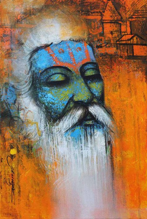 Sadhu Painting, Orange Acrylic Painting, Rajasthani Painting, Indian Contemporary Art, Composition Painting, Abstract Art Images, Ancient Paintings, Abstract Face Art, Religious Paintings