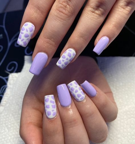 Color Cow Print Nails, Lavender Cow Print, Purple Gel Nails, Cow Print Nails, Lilac Nails, Purple Acrylic Nails, Cute Short Nails, Cow Nails, Lavender Nails