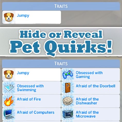 This mod alters the appearance of the Pet Quirks in the Simology panel. One reveals them, the other hides them completely. Playable Pets Mod, Sims School, Mods For Sims 4, Sims 4 Pets Mod, Sims Pets, Ts4 Mods, Sims 4 Cheats, Sims 4 Challenges, Sims 4 Traits