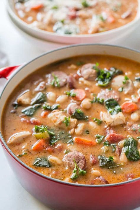 Soup With Chicken Sausage, Chicken Sausage Stew, Spinach And Feta Chicken Sausage Recipes, Chicken And Sausage Soup, Chicken And Sausage Recipes, Chicken And Sausage Stew, Chicken Sausage Soup, White Beans And Spinach, Fridge Ideas