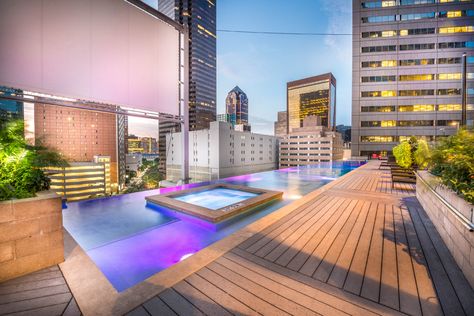 Celebrate Downtown DIVE IN on May 6 | Candy's Dirt Pool Apartment, Apartment Rooftop, Spa Inspired Bathrooms, Community Places, Dallas Apartment, Luxurious Garden, Coved Ceiling, Exposed Ceilings, Indoor Spa