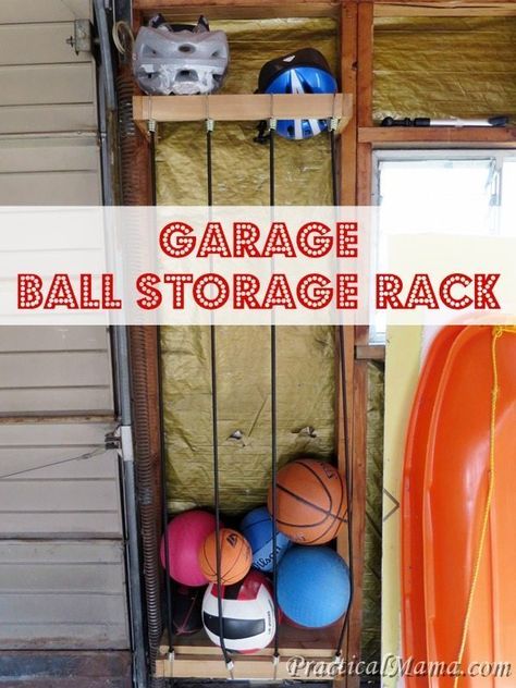 DIY Garage Ball Storage Rack - This project is one from the summer. The number of various balls in our house have been increasing over the summer. The football ball, basketball ball, soc Ball Storage Garage, Unfinished Garage, Garage Organization Shelves, Garage Wall Shelving, Garage Door Sizes, Diy Basketball, Basketball Rack, Garage Organization Systems, Garage Systems