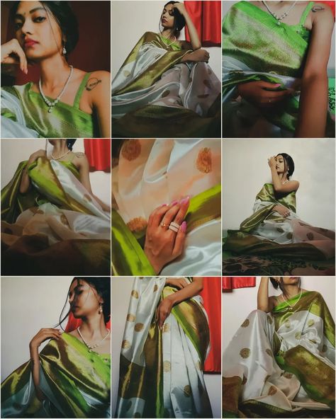 Self Saree Potrait, Aesthetic Sari Poses, Saree Posses Ideas, Sari Poses Photo Shoot At Home, Saree Potrait, Sari Poses Photo Shoot, Shadi Pose, Indian Woman Aesthetic, Sari Poses