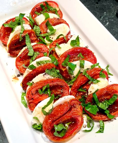 Roasted Tomato Caprese Roasted Tomato Caprese Salad, Roasted Tomato Caprese, Tomato Caprese Salad, Tomato Caprese, Recipes Salads, Barefoot Contessa, Roasted Tomato, Plum Tomatoes, Basil Leaves