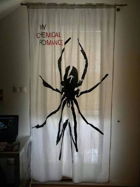 I would probably scream if I woke up to my curtains looking like this, because I'm honestly terrified of spiders, and I would have to remind myself that is not real. Emo Bedroom, Nerd Home, Blood On The Dance Floor, Three Days Grace, Black Parade, Band Merch, Pierce The Veil, Gerard Way, My Chemical