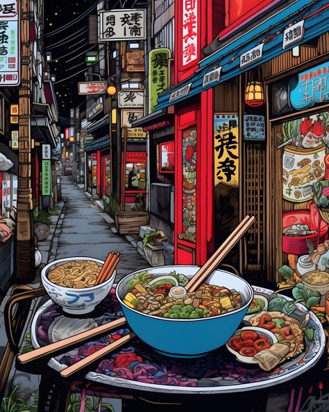 Ginza Street Noodle Shop Poster Japanese Food Tokyo Japan Giclée Art Print 8x10  | eBay Kawaii Art Prints, Japanese Food Illustration Art, Food Street Design, Tokyo Moodboard, Japan Illustration Art, Lofi Images, Tokyo Picture, Photo Collage Ideas, Japan Street Food