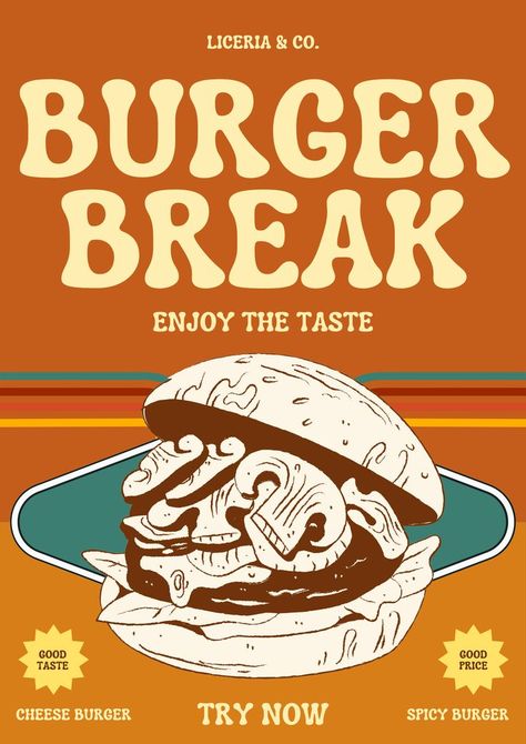 Retro Burger, Spicy Burger, Burger Menu, Orange Retro, Promotion Poster, Burger Bar, Poster Template, Cheeseburger, Street Food