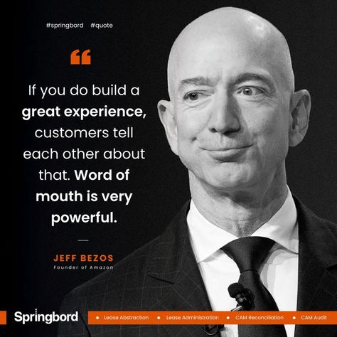 “If you do build a great experience, customers tell each other about that. Word of mouth is very powerful.” - Jeff Bezos Jeff Bezos Quotes, Leadership And Management, Friday Quotes, Jeff Bezos, Its Friday Quotes, Business Leadership, Word Of Mouth, Customer Experience, Graphic Designs