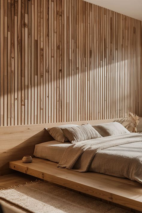 Vertical wood slat accent wall adding texture to a nature-inspired japandi bedroom. Vertical Wood Slat Accent Wall, Japandi Accent Wall, Slat Wall Bedroom, Wood Slat Accent Wall, Slat Accent Wall, Bedroom Japandi, Japandi Bedroom Ideas, Calming Home, Japandi Bedroom