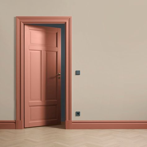 Pink Skirting Boards And Doors, Yellow Dressing Room, Painted Door Frames And Skirting Boards, Dusty Pink Hallway, Pink Skirting Boards, Pink Doors Interior, Peachy Nursery, Pink Molding, Boho Paint Colors