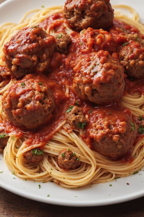 Spaghetti and Meatballs Recipe

Ingredients

- 1 pound spaghetti
- 1 pound ground beef
- 1/2 cup breadcrumbs
- 1/4 cup grated Parmesan cheese
- 1/4 cup fresh parsley, chopped
- 1 egg
- 2 cloves garlic, minced
- 1 jar (24 ounces) marinara sauce
- Salt and pepper to taste

Instructions

- Cook spaghetti according to package instructions until al dente; drain.
- In a large bowl, combine ground beef, breadcrumbs, Parmesan, parsley, egg, garlic, salt, and pepper; mix until well combined. Form into meatballs.

Full Recipe on... Spaghetti And Meatball Recipes, Uni Meals, Spaghetti And Meatballs Recipe, Chicken Potato Soup, Balsamic Vinaigrette Recipe, Delicious Spaghetti, Spaghetti Meatballs, Meatball Pasta, Vegan Meatballs