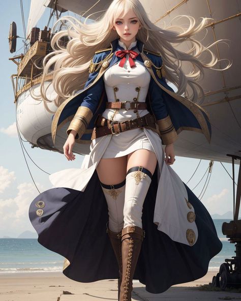 Embark on a steampunk adventure with the intrepid airship captain 😎 #steampunk #artwork #woman #airship #captain #adventure #platinumblonde #major #ribbon #realistic #partedlips #wind #floatinghair #wide shot #military #aiart Airship Captain, Steampunk Artwork, Steampunk Airship, Steampunk Art, Platinum Blonde Hair, Platinum Blonde, Beauty Art, Blonde Hair, Flight