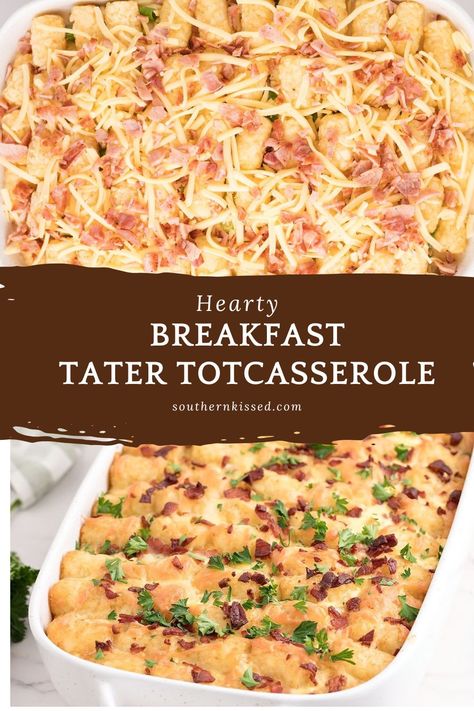 An unbaked casserole topped with tater tots and cheese and a baked tater tot casserole topped with a garnish. Ham Egg Cheese Tater Tot Casserole, Tater Tot Hashbrown Casserole, Breakfast Casserole Tater Tots, Tot Casserole Breakfast, Tator Tot Breakfast, Breakfast Tater Tot Casserole, Tot Breakfast Casserole, Tater Tot Casserole Recipe, Tater Tot Breakfast Casserole