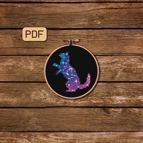 Galaxy Silhouette, Animal Cross Stitch, Xstitch Patterns, Galaxy Cat, Tiny Cats, Cat Cross Stitch Pattern, Cat Cross Stitch, Stitch Art, Art Textile