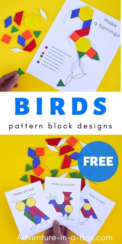 Get the free printable pack of bird pattern block designs for nature-themed STEM centres in your preschool and kindergarten! Children will learn the names of birds, practice building skills and math – all at once. #homeschool #preschool #kindergarten #stemactivities #stemeducation Pattern Block Printables, Bird Crafts Preschool, Pattern Block Templates, Names Of Birds, Bird Crafts, Bird Theme, Bird Pattern, Free Preschool, Preschool Themes