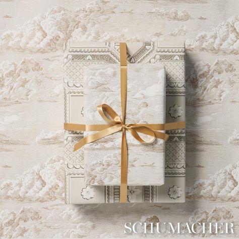 Cloud Toile Wrapping Paper - Champagne Pillows & Accessories | Schumacher Paper Clouds, Toile Pattern, Gold Wrap, Marble Statues, Christmas Card Design, Winter Colors, Christmas Gift Wrapping, Etching, The Well