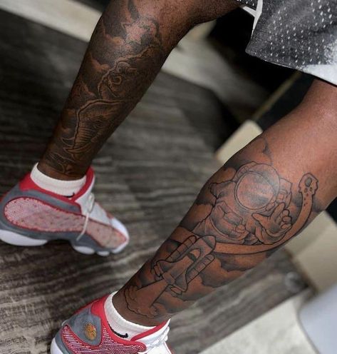 Fye Tattoos Black Men, Half Leg Sleeve Tattoo Calf, Front Shin Tattoo Men, Black Men Leg Tattoos, Small Leg Tattoo Men, Calf Sleeve Tattoo Men, Leg Tats Men, Fye Tattoos, Galaxy Sleeve