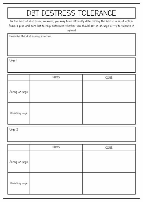 DBT Distress Tolerance Worksheets Decatastrophizing Worksheet, Distress Tolerance Activities, Cognitive Distortions Worksheet, Dbt Activities, Dbt Skills Worksheets, Distress Tolerance Worksheets, Rational Emotive Behavior Therapy, Cbt Therapy Worksheets, Interpersonal Effectiveness