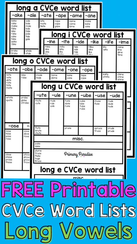 CVCe Long Vowel Word Family Free Printable Word Lists - Rhyming Words List, Family Free Printable, Word Families Free, Silent E Words, Teaching Vowels, Long Vowel Words, Upper Elementary Reading, Literacy Intervention, Silent E