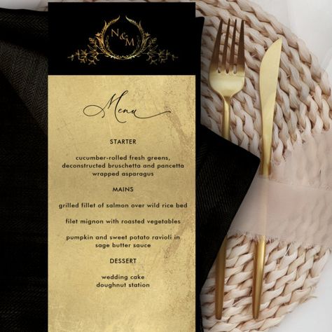 Elegant Faux Gold Foil Monogrammed Wedding Menu Wedding Menu Black, Menu Calligraphy, Doughnut Wedding Cake, Sage Butter Sauce, Couples Initials, Typography Wedding, Menu Inspiration, Calligraphy Typography, Traditional Wedding Invitations