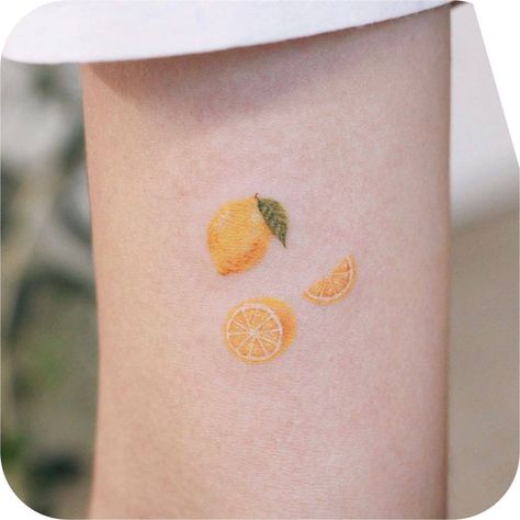 Orange And Lemon Tattoo, Italian Themed Tattoos, Tiny Lemon Tattoo, Fine Line Lemon Tattoo, Small Lemon Tattoo, Italian Tattoos For Women, Tattoo Trio, Lemon Tattoo, Orange Tattoo