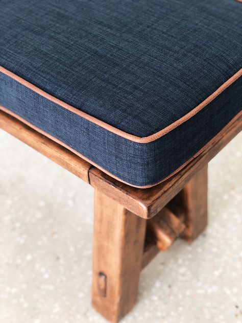 Close-up! SquareFox custom bench seat cushion in Navy, with faux leather trim. Bench With Cushion Seat, Custom Cushions Bench Seat, Cushion Bench Seat, Outdoor Bench Cushions, Bench Back Cushion, Bench Cushion Ideas, Window Bench Cushion, Indoor Bench Seating, Diy Bench Cushion