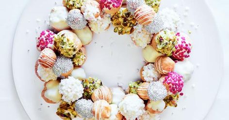 Profiterole wreath recipe by Lauren Eldridge | Gourmet Traveller Choux Buns, Christmas Dessert Table, Profiterole, Festive Desserts, Small Food Processor, Choux Pastry, Oreo Dessert, Christmas Dessert, Christmas Food Desserts