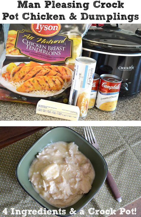 Man Pleasing Crock Pot Chicken and Dumplings - only four ingredients! While I'd like to avoid "cream of recipes" this was fantastic for so few ingredients and it was SO easy! I only used two large chicken breasts and that was plenty! 6 would've been too dry! And the dumpling "busicuts" were actually cooked and not just lumps of dough! I was a little worried about that Man Pleasing Chicken, Crock Pot Chicken And Dumplings, Crockpot Chicken And Dumplings, Crock Pot Food, Crock Pot Chicken, Food Chicken, Crock Pot Slow Cooker, Crock Pot Cooking, Chicken And Dumplings