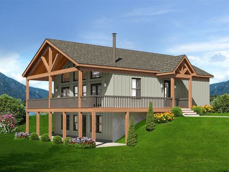 Deep Porch, Bedroom Mountain, Sloping Lot House Plan, Basement House Plans, Hillside House, Basement House, Mountain House Plans, Open Living, Lake House Plans