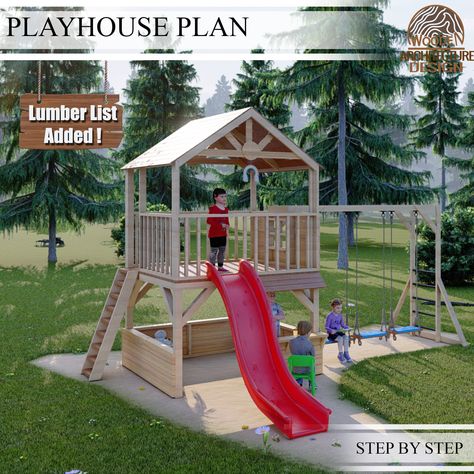 Playhouse Build, Playset Plans, Swing Set Plans, Outside Playhouse, Kids Playhouse Outdoors, Swing Set Diy, Playhouse With Slide, Backyard Playset, Monkey Bar