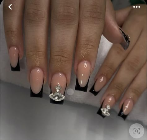 Black French Top With Gems, School Appropriate Nails, Back To School Nails For Teens, Future Nails, Teen Nails, Pedi Ideas, Girly Acrylic, Plain Nails, Back To School Nails