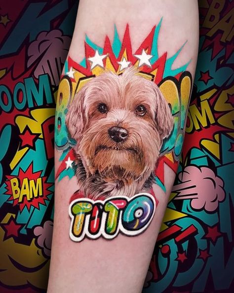 Dog Tattoo Color, Pet Portrait Tattoos, Pet Tattoo Ideas, Collage Tattoo, Pet Tattoos, Pop Art Tattoos, Portrait Tattoos, Disney Princess Tattoo, Sticker Tattoo