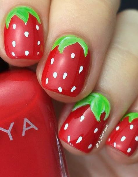 Strawberry Nail Art, Strawberry Nail, Easy Nail Designs Summer, Bright Nail Art, Food Nails, Nail Art For Kids, Fruit Nail Art, Nail Art Halloween, Summer Nails Ideas