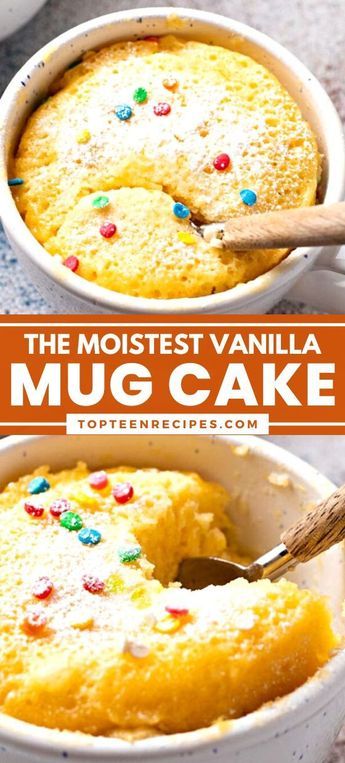 This is a super easy and incredibly soft and moist mug cake recipe that can be ready in less than 5 minutes. Just add all of the ingredients to a mug, mix them together, and microwave! Moist Mug Cake, Microwave Cupcake, Vanilla Mug Cake Recipe, Mug Dessert Recipes, Vanilla Mug Cake, Microwave Mug Recipes, Gluten Free Mug Cake, Dessert In A Mug, Easy Mug Cake