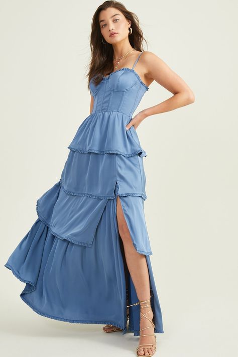 Stellni Satin Maxi Dress in Blue | Altar'd State Corset Top Design, Satin Blue Dress, Blue Dress Maxi, Dress With A Corset, Altard State Dresses, Tiered Ruffle Skirt, Junior Prom, Prom Dress Ideas, Satin Corset